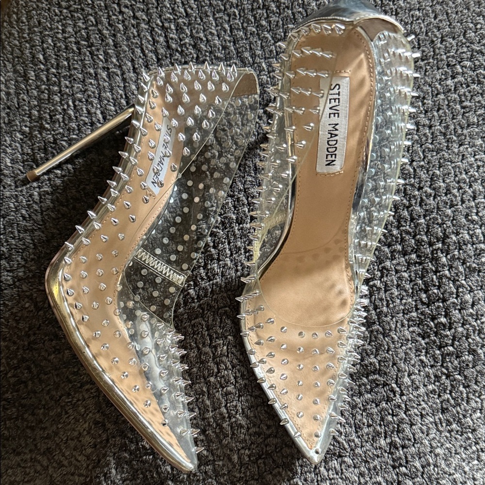Steve Madden Clear and Silver Spiked Heels